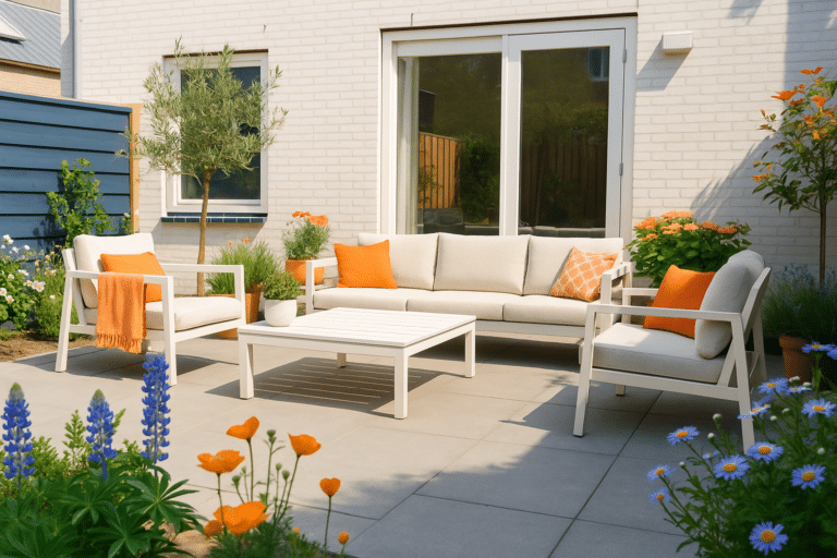 Gartenmöbel auf einer terrasse bereit für frühling und sommer